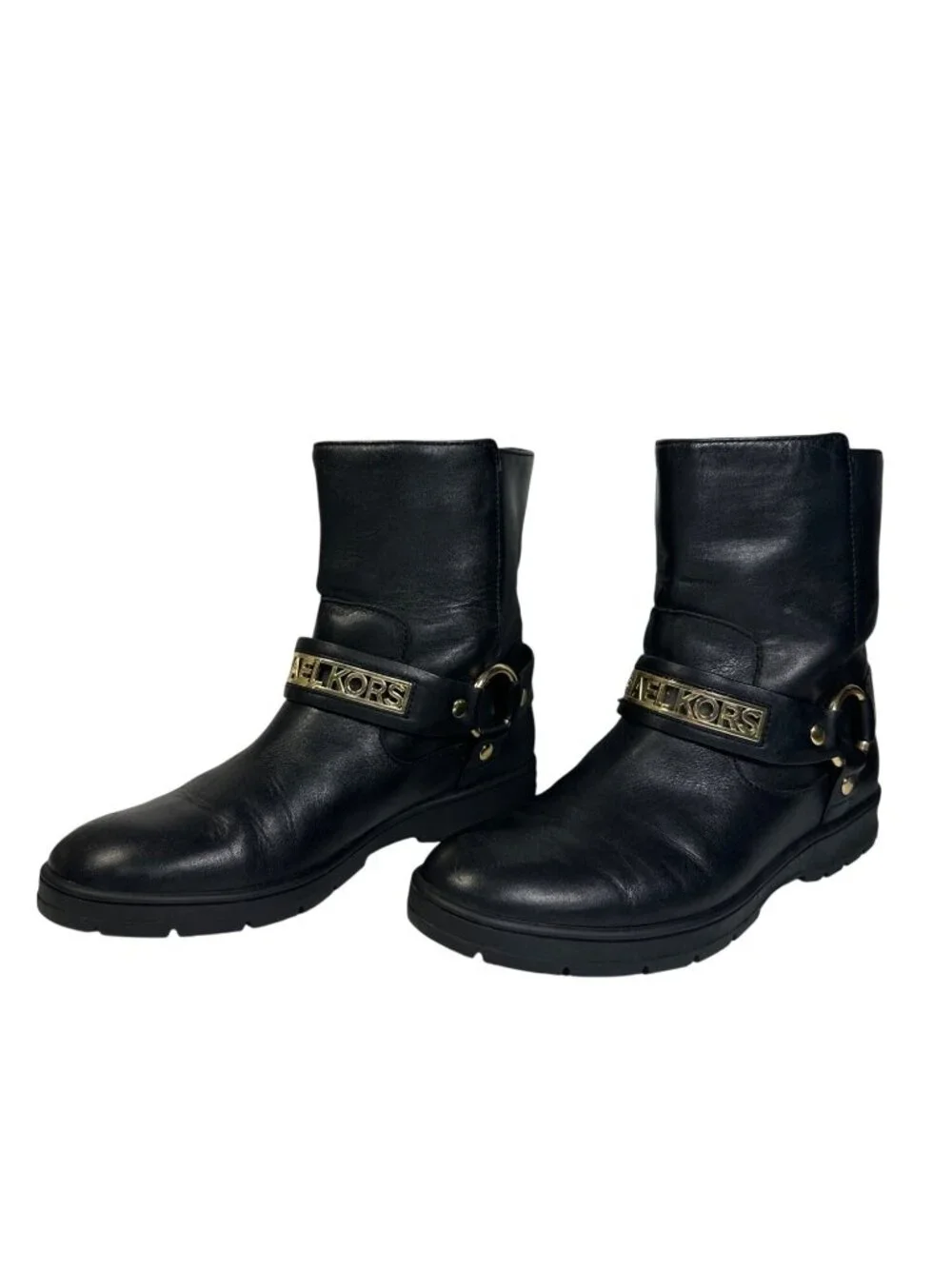 MICHAEL KORS ESSEX ICONIC BLACK GOLD LOGO MOTO BIKER BOOTS Size 7M - Picture 3 of 13